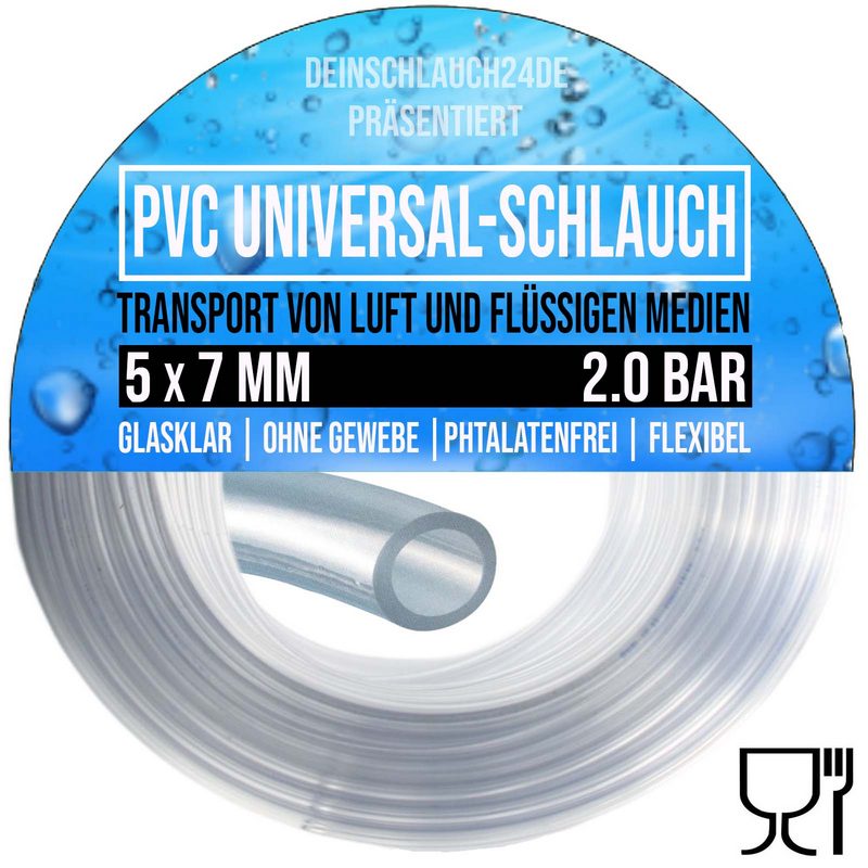 5 x 7 mm PVC Luft Filter Wasser Universal Labor Aquarium Terrarium Schlauch klar durchsichtig - PN 2 bar