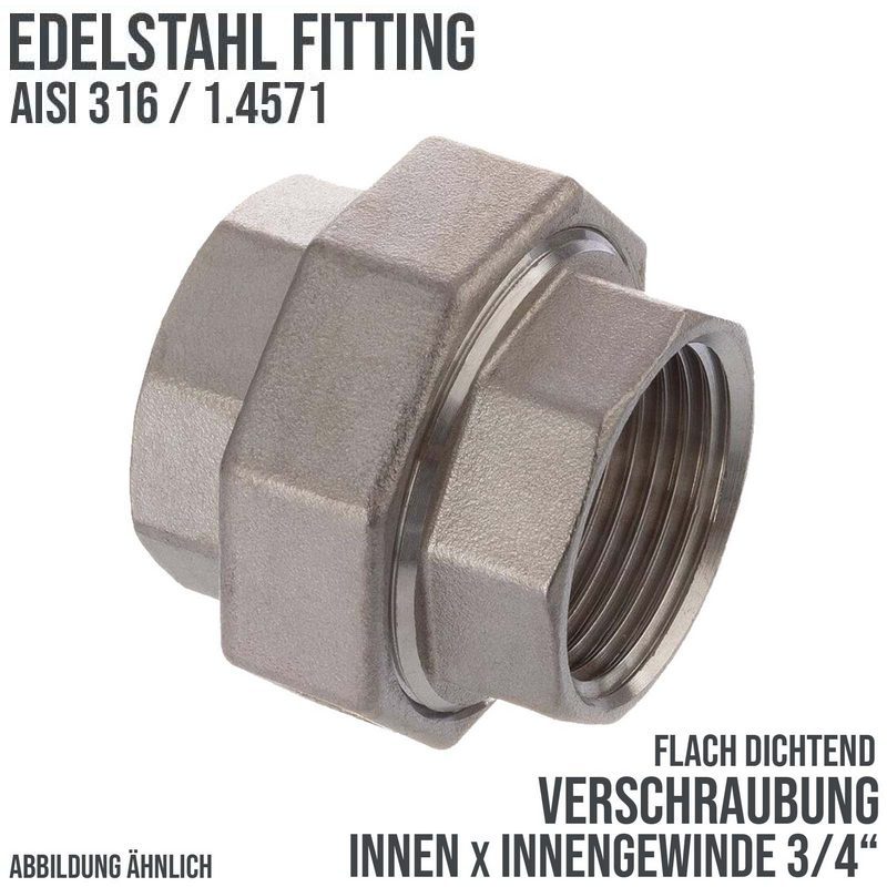 3/4" Edelstahl Fitting V4A AISI 316 Verschraubung Innengewinde IG flach dichtend - PN 16 bar