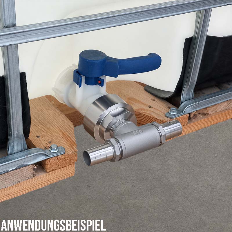 38 mm 1 1/2 " S60 x 6 IBC Container Edelstahl (AISI 316) 90° T-Stück Anschluss Set Schlauch Tülle Stutzen - PN 16 bar