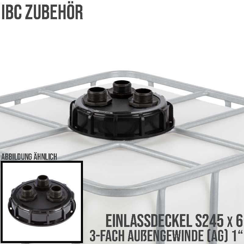 S245 x 6 DN 225 (AD 265 mm) 3-fach Außengewinde AG IBC Container Einlass Deckel Verschluss - schwarz