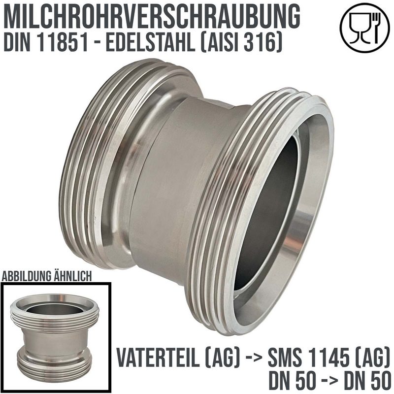 DN 50 Milchrohr Verschraubung DIN 11851 Übergang Adapter Vaterteil Außengewinde -> SMS 1145 Vaterteil DN 50 - PN 25 bar