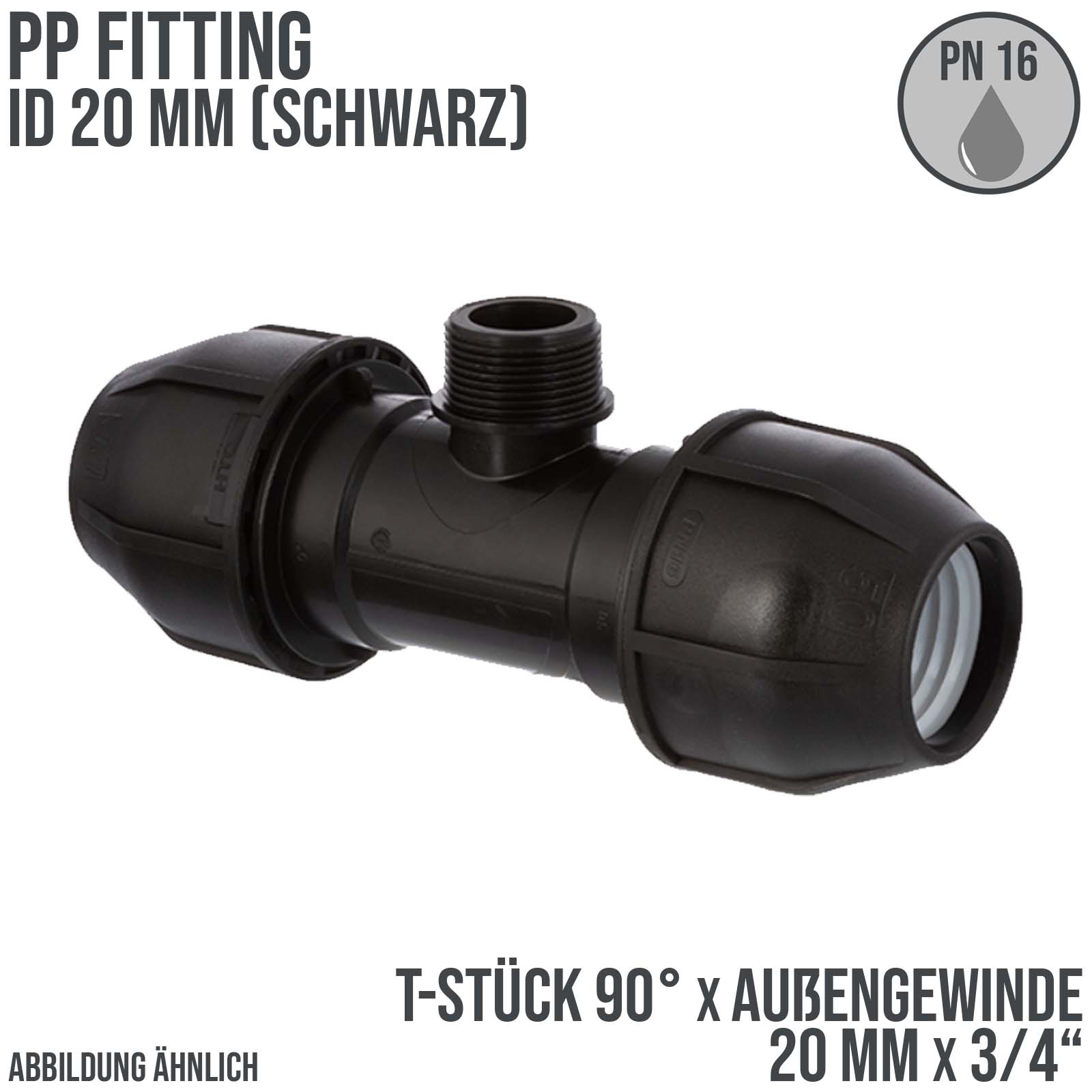 20 mm x 3/4" PE PP Fitting Klemm Verbinder Verschraubung Rohr T-Stück 90° x AG schwarz - PN 16 bar 