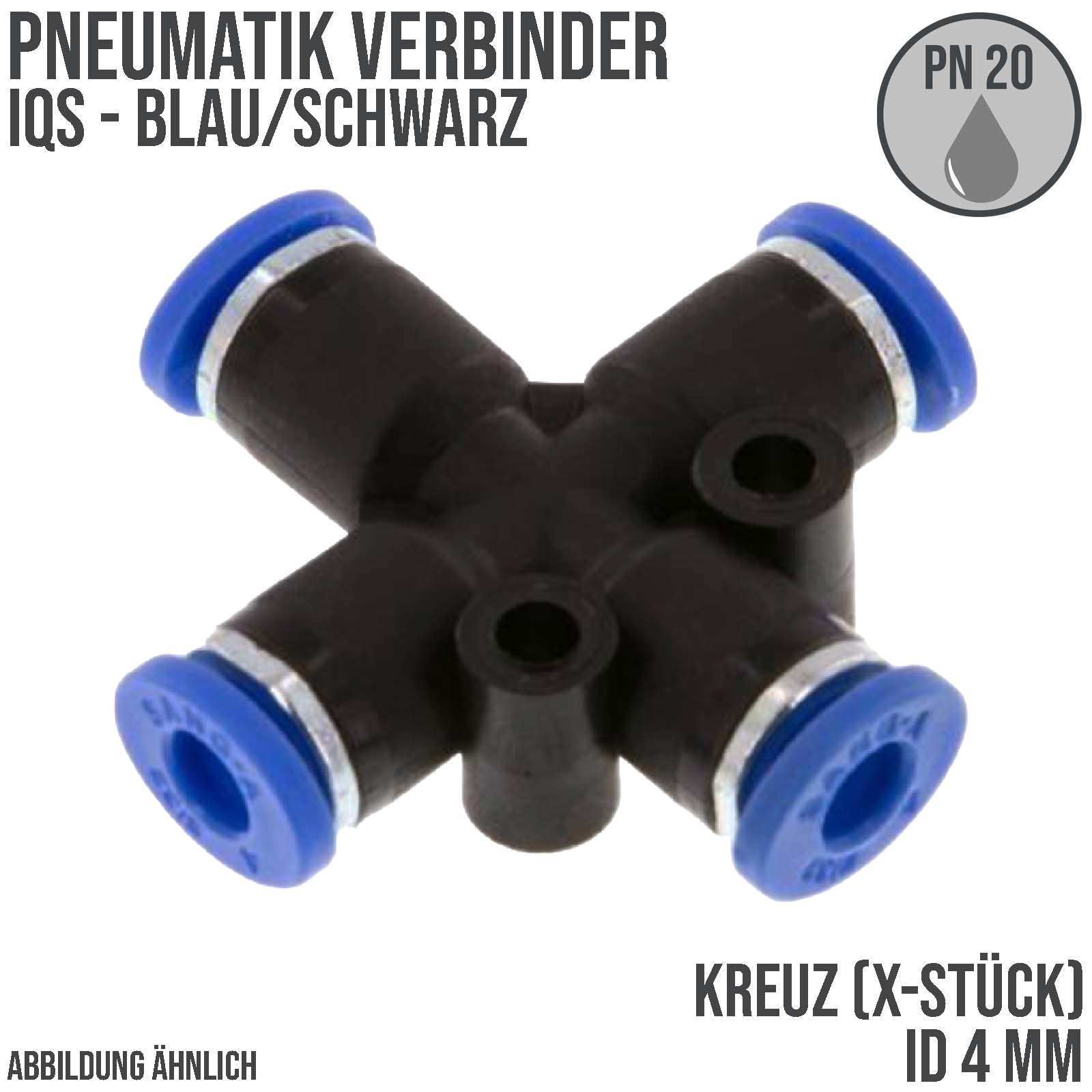 4 mm Pneumatik Schnell Steck Verbinder IQS Kreuz blau/schwarz PA PU Schlauch - PN 20 bar