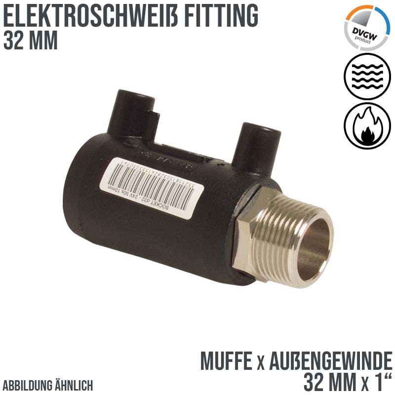 32 mm PE 100 Elektro Schweiß Fitting Muffe x Außengewinde 32 mm x 1" SDR 7,4 DVGW 24 VAC schwarz
