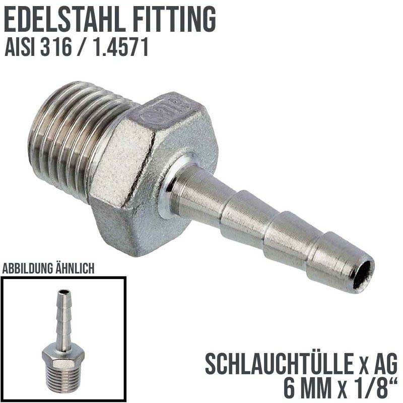 6 mm x 1/8" Zoll Schlauch Tülle Stutzen Außengewinde AG Nippel Edelstahl AISI 316 VA  Fitting - PN 20 bar
