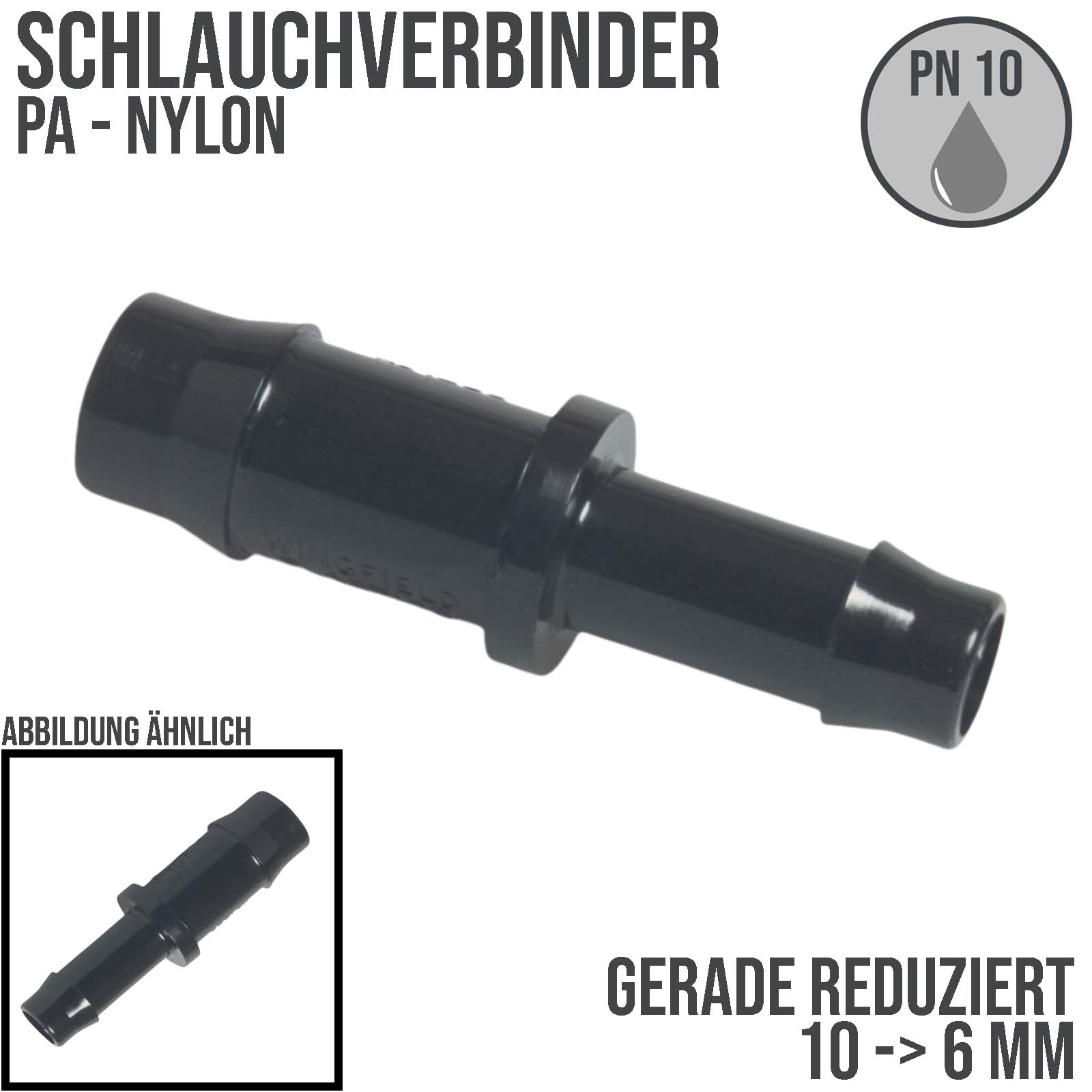 10 x 6 mm PA Nylon Schlauch Verbinder Reduktion Stutzen Tülle Kupplung Fitting WF schwarz PN 10 bar