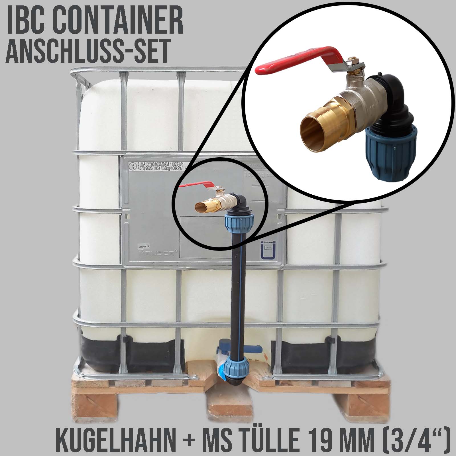 IBC Container Anschluss Set Schwanenhals Kugelhahn 1" Messing Schlauchtülle 19 mm 3/4"