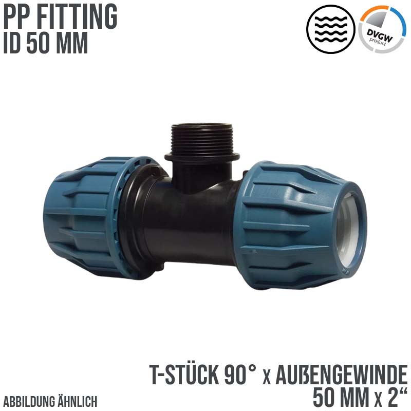50 mm x 2" PE PP Fitting Klemm Verbinder Verschraubung Rohr T-Stück 90° x AG DVGW - PN 16 bar