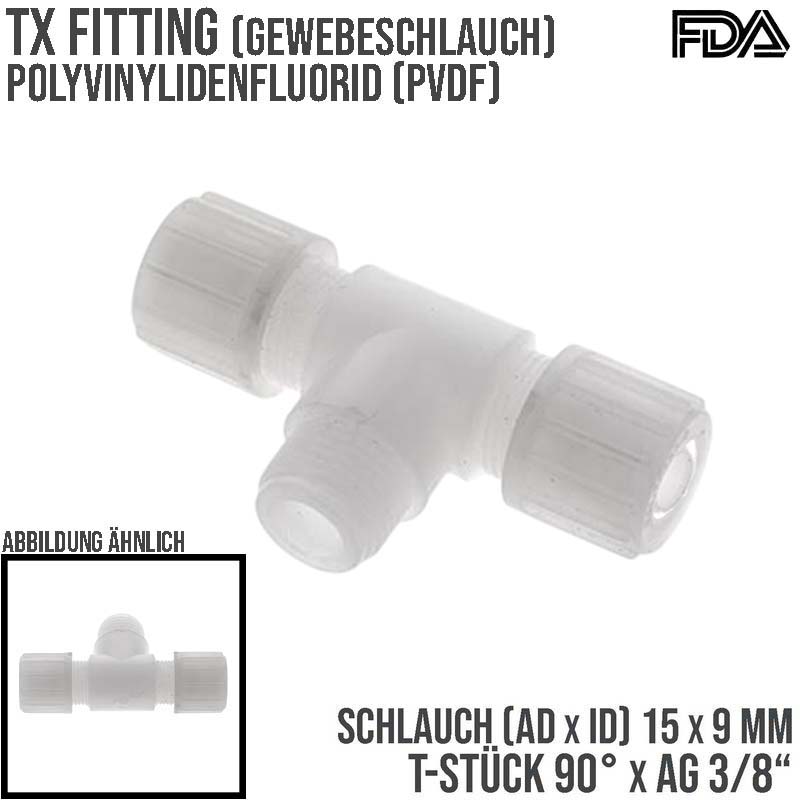 15 x 9 mm x 3/8" T-Stück 90° Außengewinde TX Fitting Gewebe Schlauch Verbinder FDA PVDF weiß - PN 10 bar