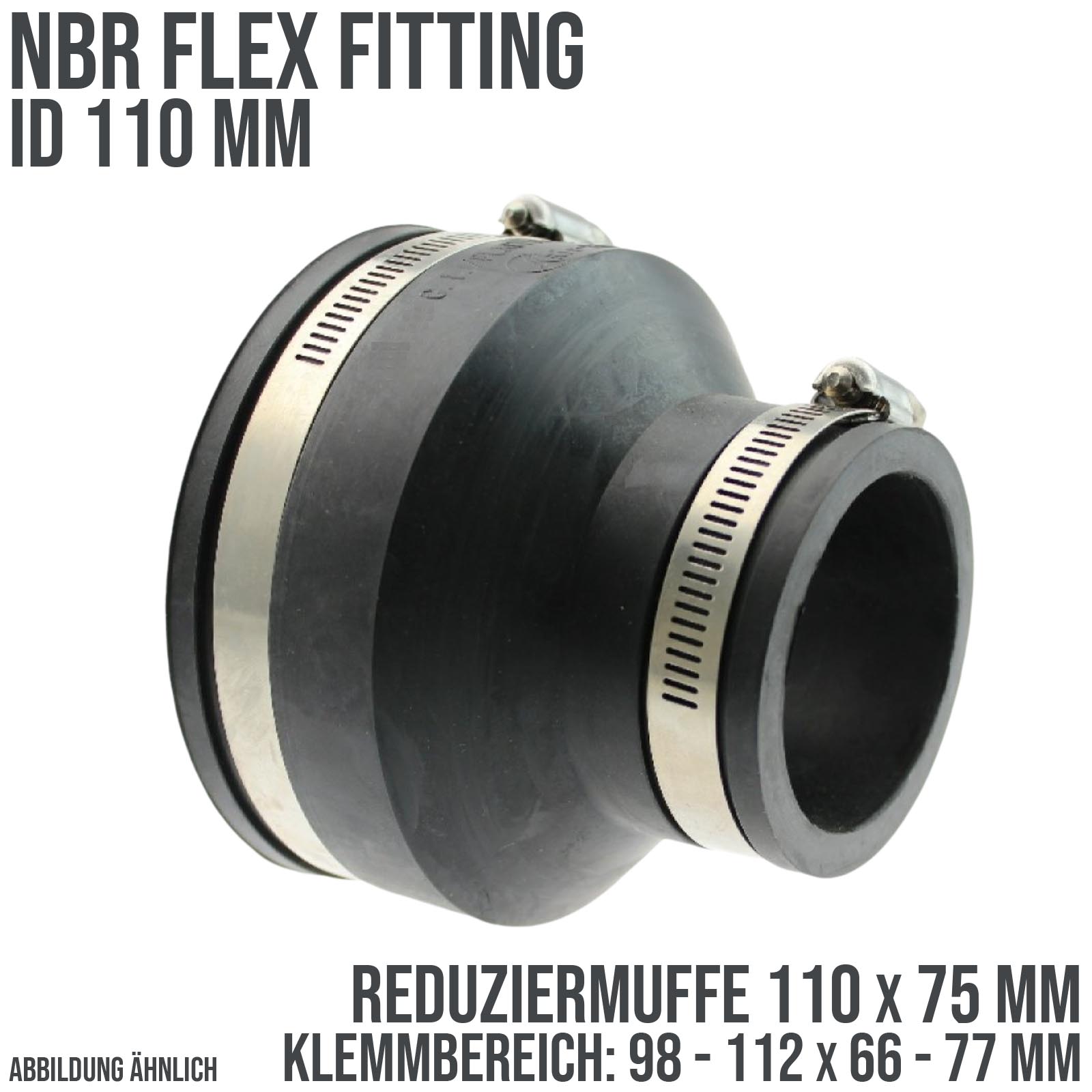 110 mm NBR Flex Fitting Reduziermuffe 90 x 63 mm Verbinder Reparatur (Klemmbereich 98-112 -> 66-77 mm)
