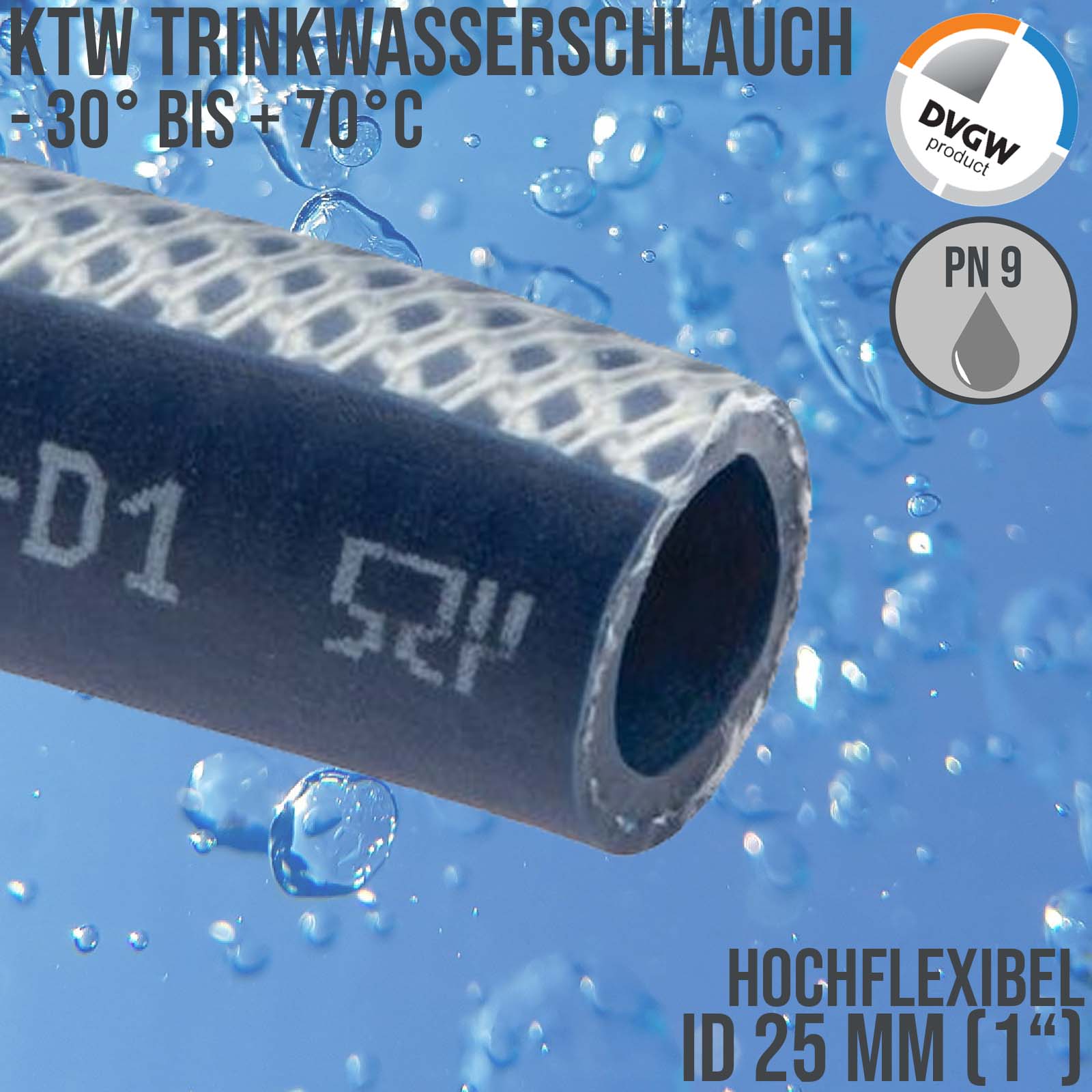 25 mm 1" Zoll Trink Wasser Kirmes Volksfest hochflexibel Schlauch TPE KTW DVGW W 270 blau PN 9 bar