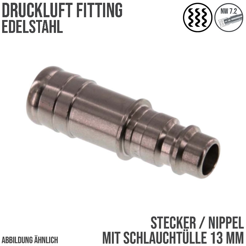 13 mm Druckluft Stecker Nippel Einsteck Schlauch Tülle Edelstahl NW 7,2 LW - PN 35 bar