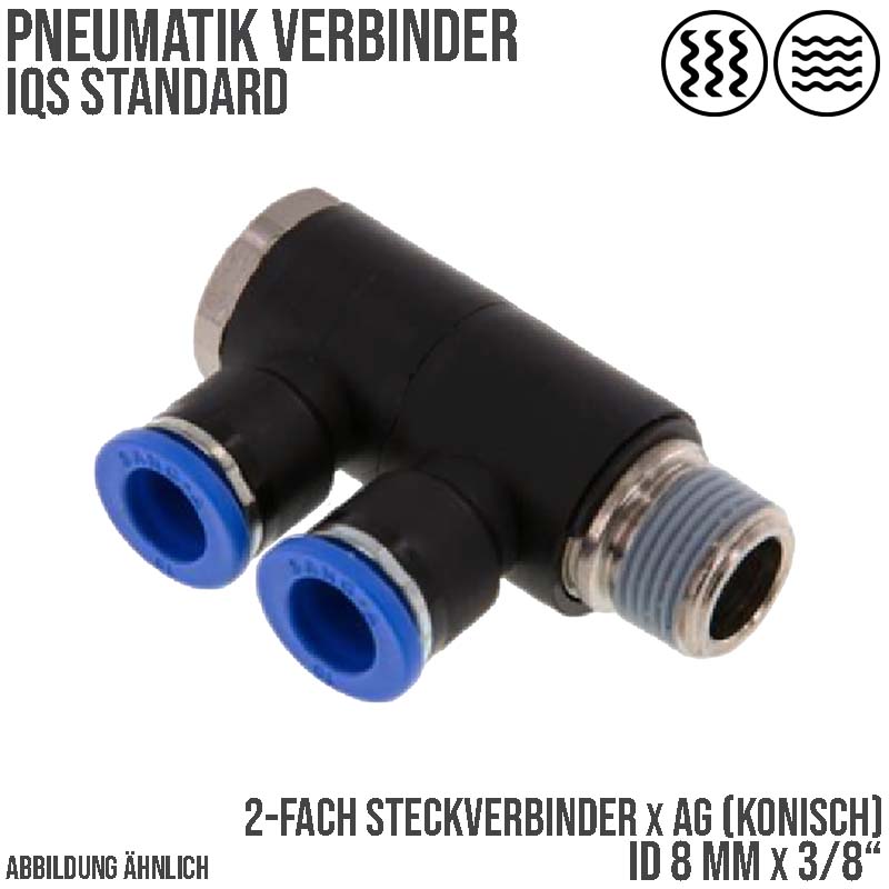 8 mm x 3/8" Pneumatik Steck Verbinder 2-fach Verteiler IQS Außengewinde konisch - PN 20 bar