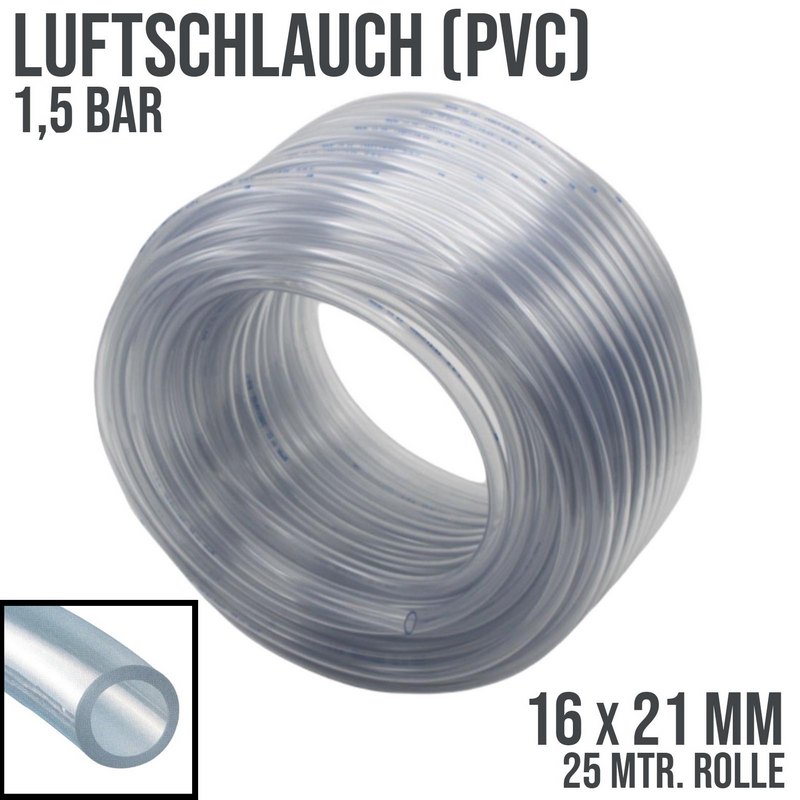 16 x 21 mm PVC Luft Filter Wasser Universal Labor Aquarium Terrarium Schlauch klar durchsichtig - PN 1,5 bar  - 25 m