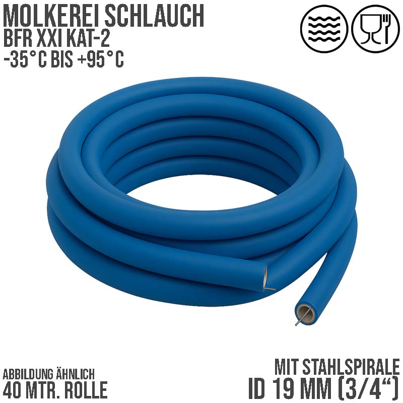 19 mm 3/4" Molkerei Milch Lebensmittel Schlauch Stahlspirale BfR FDA NBR NVC blau weiß - PN 10 bar - 40 m Rolle