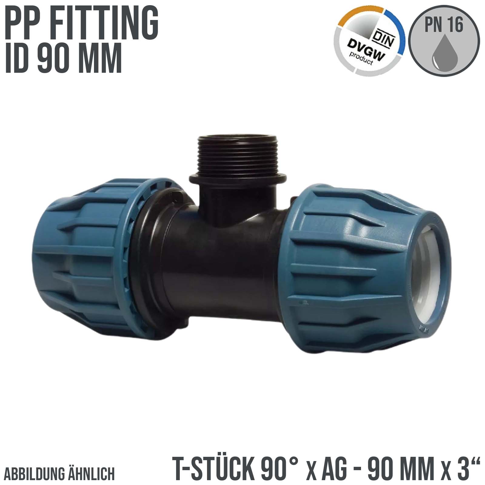 90 mm x 3" PE PP Fitting Klemm Verbinder Verschraubung Rohr T-Stück 90° x AG DVGW - PN 16 bar 
