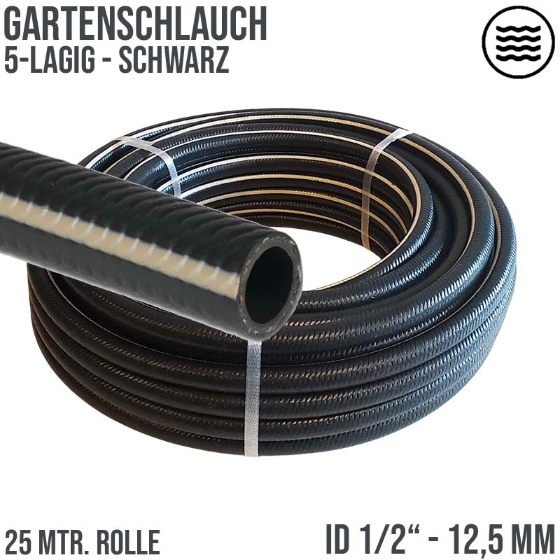 12,5 mm 1/2" 5-lagig PVC Garten Wasser Bewässerung Universal Schlauch schwarz - PN 8 bar - 25 m Rolle