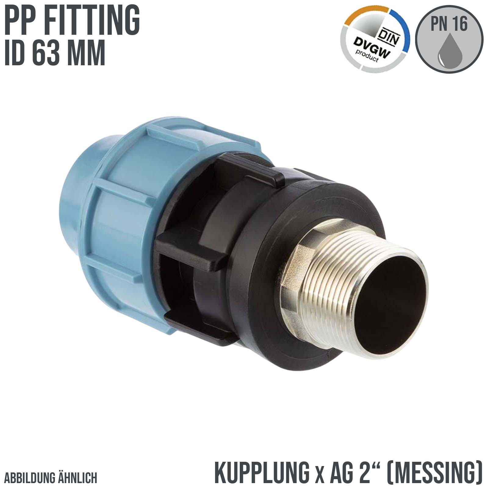 63 mm x 2" PE PP Fitting Klemm Verbinder Muffe Rohr Kupplung x Messing AG DVGW - Unidelta
