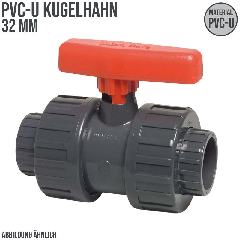 32 mm PVC Kugel Absperr Hahn Ventil beidseitige Klebemuffe Fitting PN 16 bar - roter Griff