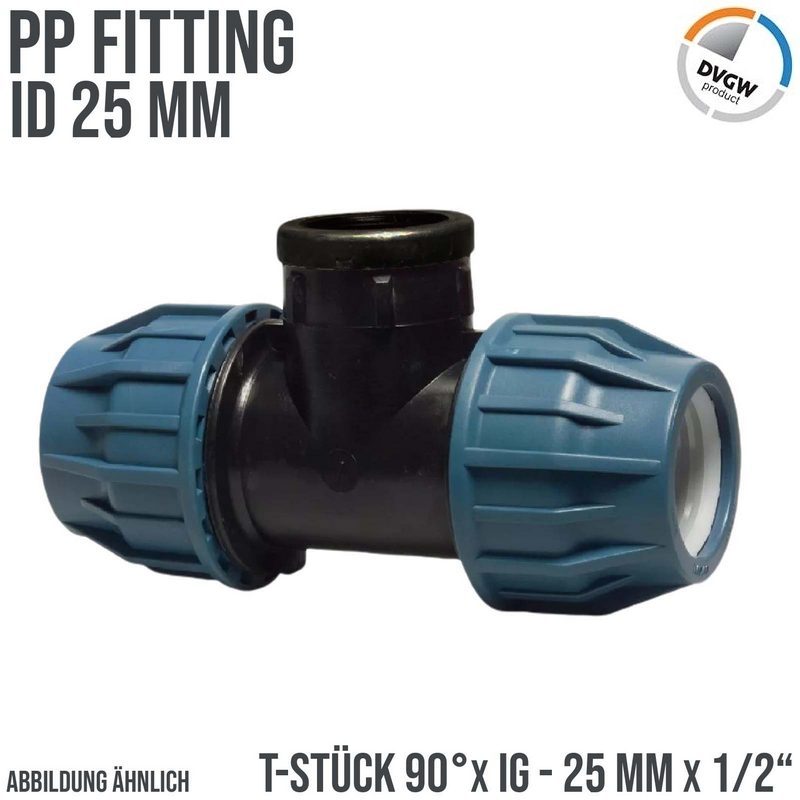 25 mm x 1/2" PE PP Fitting Klemm Verbinder Verschraubung Rohr T-Stück 90° x IG DVGW - PN 16 bar