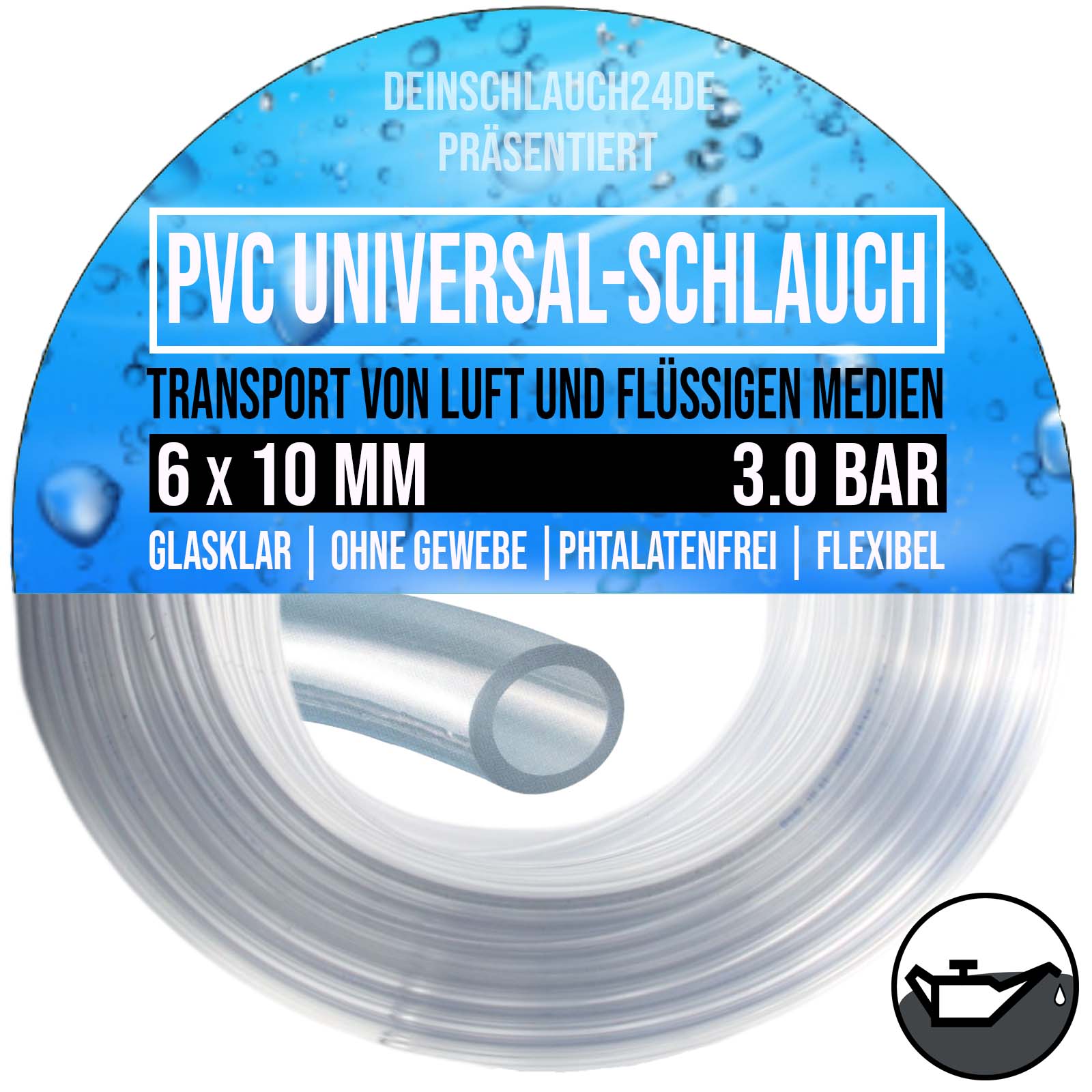 6 x 10 mm PVC Flüssigkeit Öl Luft Wasser Universal Labor Schlauch klar durchsichtig - PN 3 bar