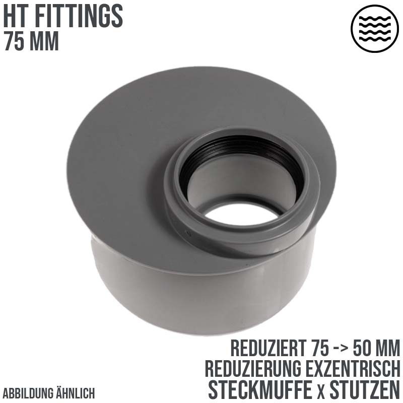 75 x 50 mm PP Reduzierstück exzentrisch Abfluß Abwasser HT KG Rohr Stutzen Muffe grau