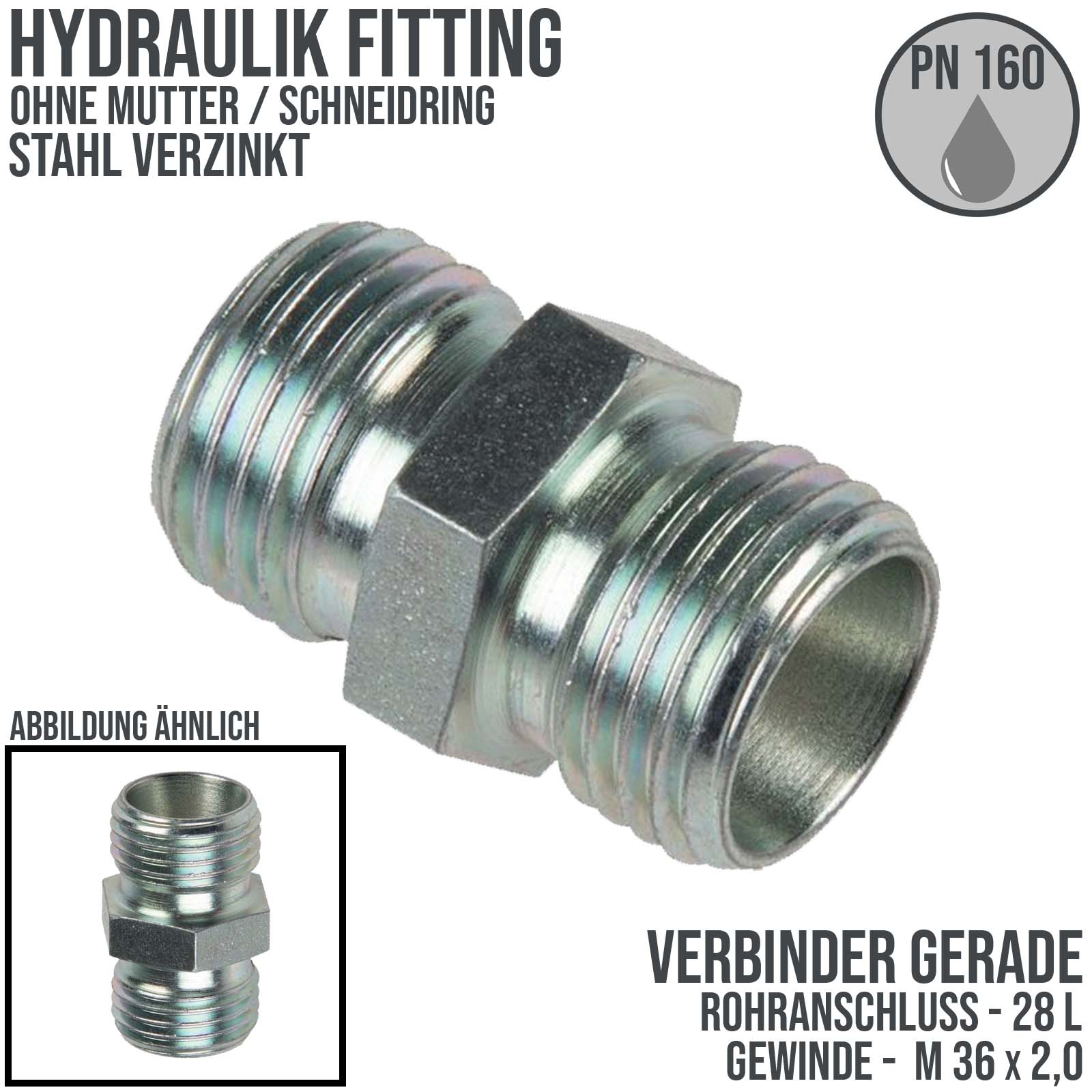 Hydraulik Verschraubung gerader Verbinder 28 L (M 36 x2,0) AG ohne Mutter / Schneidring