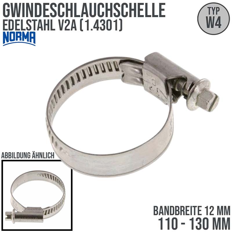 110 - 130 mm NORMA Schlauch Gewinde Rohr Schelle W4 Edelstahl 1.4301 - Band 12 mm