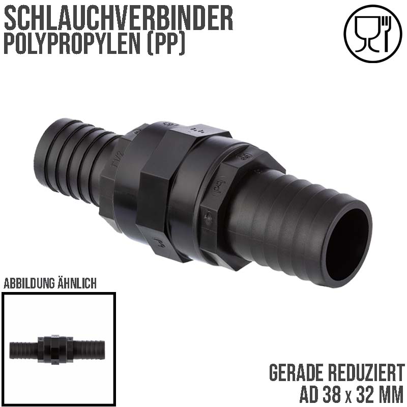 38 x 32 mm PP Schlauch Verbinder reduziert 2-fach Stutzen Tülle Pool Teich Garten PP schwarz - PN 6 bar