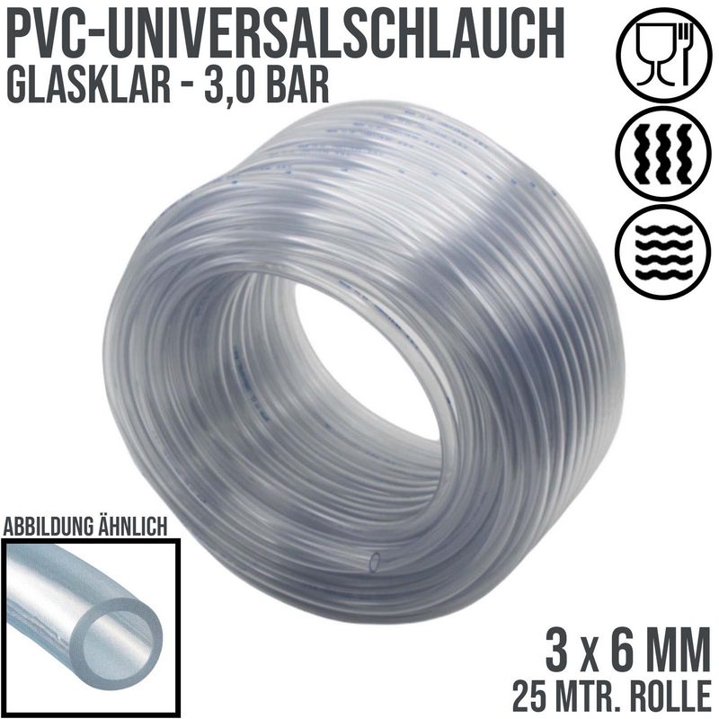 3 x 6 mm PVC Luft Filter Wasser Universal Labor Aquarium Terrarium Schlauch klar durchsichtig - PN 3 bar  - 25 m