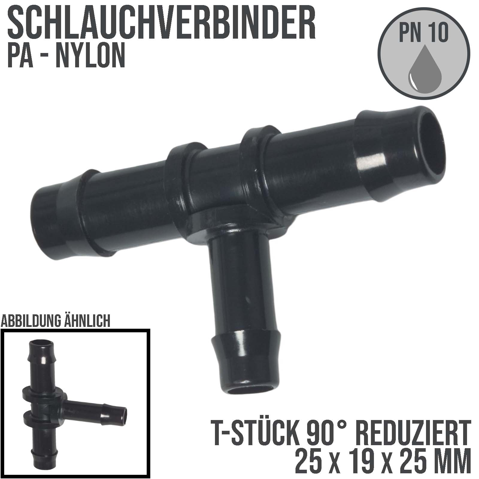 25 x 19 x 25 mm PA Nylon T-Stück Schlauch Verbinder Stutzen Doppel Tülle Kupplung Fitting WF schwarz PN 10 bar