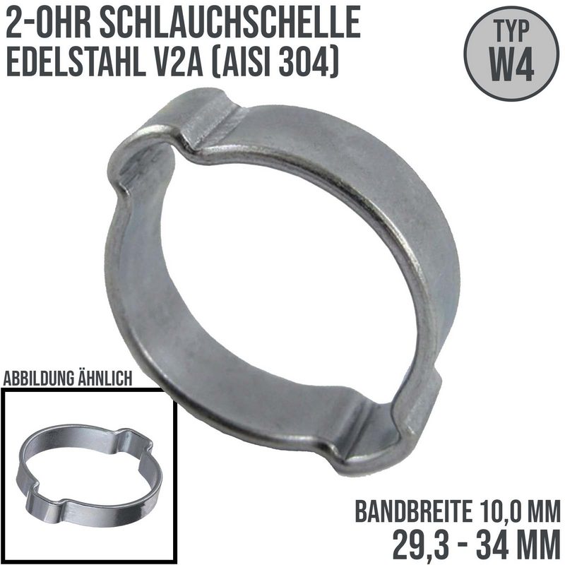 29,3 - 34 mm 2-Ohr Doppel Schlauch Schelle Edelstahl 1.4307 W4 - Bandbr. 10,0 mm