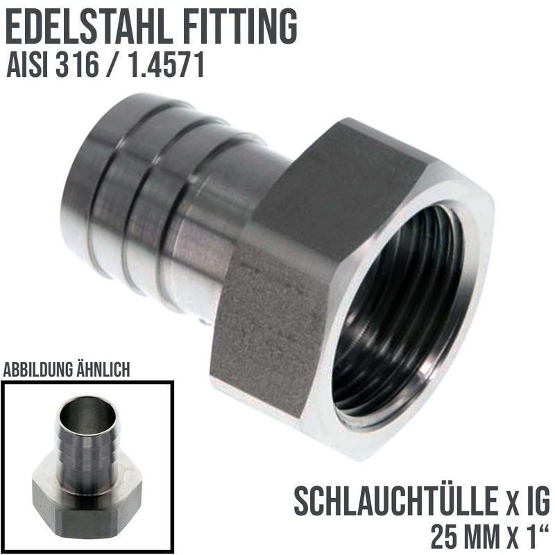1" x 25 mm Schlauch Tülle Stutzen Innengewinde IG Nippel Edelstahl AISI 316 VA Fitting - PN 20 bar