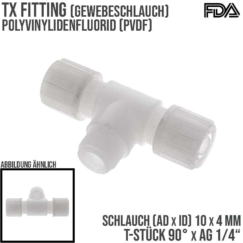 10 x 4 mm x 1/4" T-Stück 90° Außengewinde TX Fitting Gewebe Schlauch Verbinder FDA PVDF weiß - PN 10 bar
