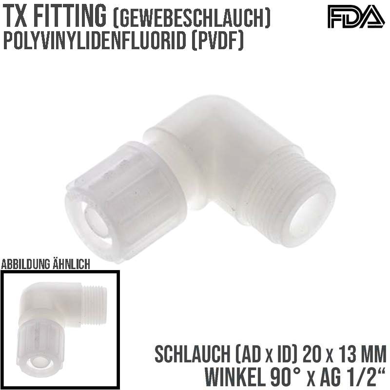 20 x 13 mm x 1/2" Winkel 90° Außengewinde TX Fitting Gewebe Schlauch Verbinder FDA PVDF weiß - PN 10 bar