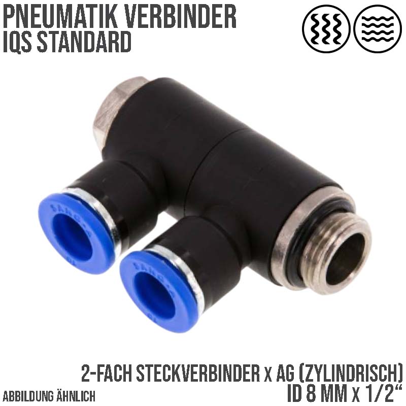 8 mm x 1/2" Pneumatik Steck Verbinder 2-fach Verteiler IQS Außengewinde zylindrisch - PN 20 bar