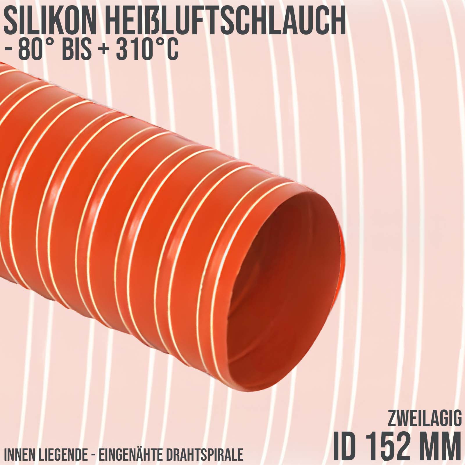 152 mm Silikon Heißluftschlauch rot - zweilagig - Wandstärke 0,46 mm - PN 1.1 bar