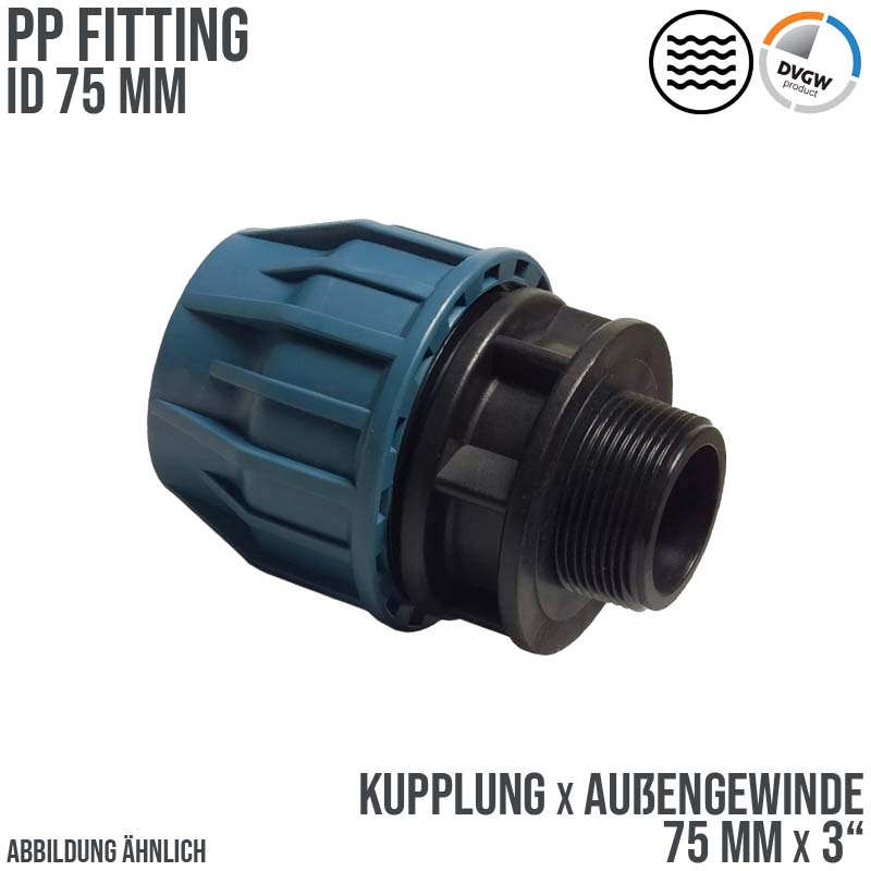 75 mm x 3" PE PP Fitting Klemm Verbinder Verschraubung Muffe Rohr Kupplung x AG DVGW - PN 16 bar