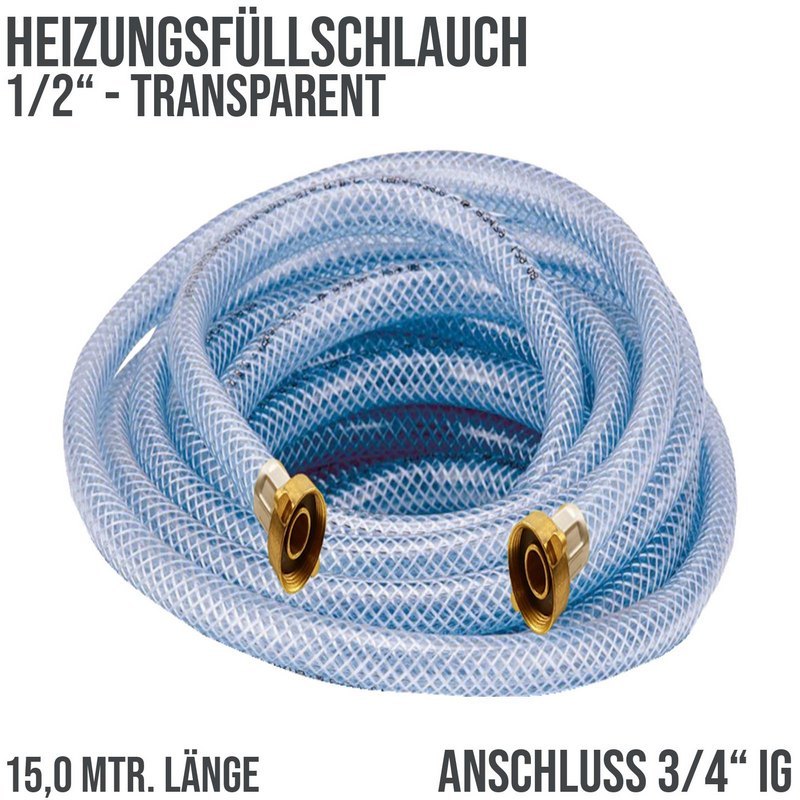 15 m Heizungs Füll Wasser Heizkörper Radiator Sanitär Schlauch transparent 3/4" Anschluss - PN 8 bar