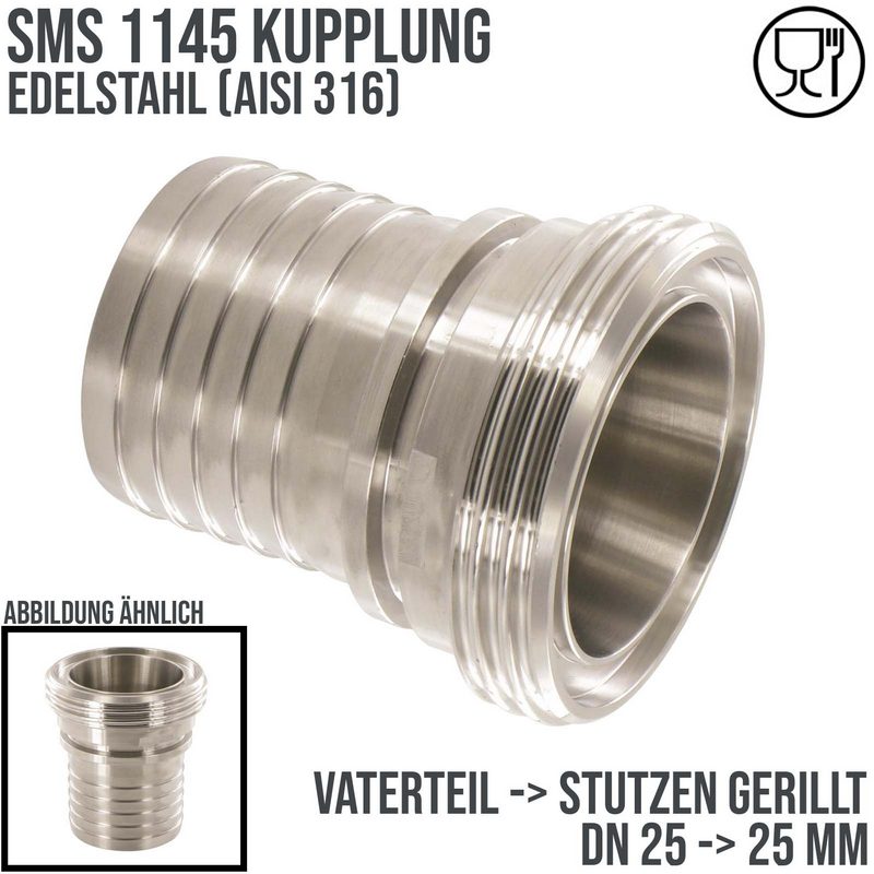 DN 25 SMS Kupplung 1145 Vaterteil VT Außengewinde Sicherungsbund - Stutzen gerillt 25 mm - PN 25 bar