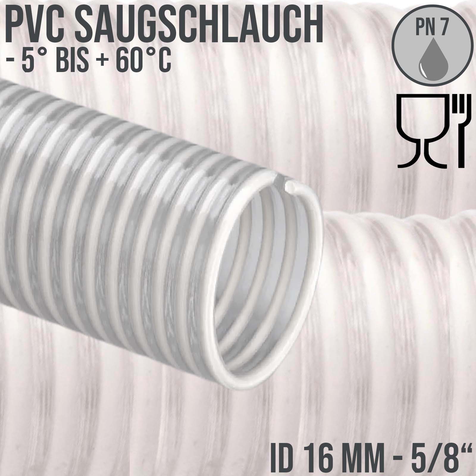 16 mm 5/8" Zoll Saug Ansaug Spiral Förder Pumpen Schlauch Lebensmittel Saatgut weiß PN 7 bar