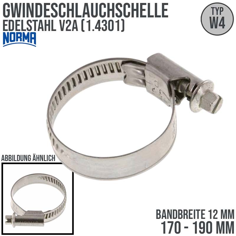 170 - 190 mm NORMA Schlauch Gewinde Rohr Schelle W4 Edelstahl 1.4301 - Band 12 mm