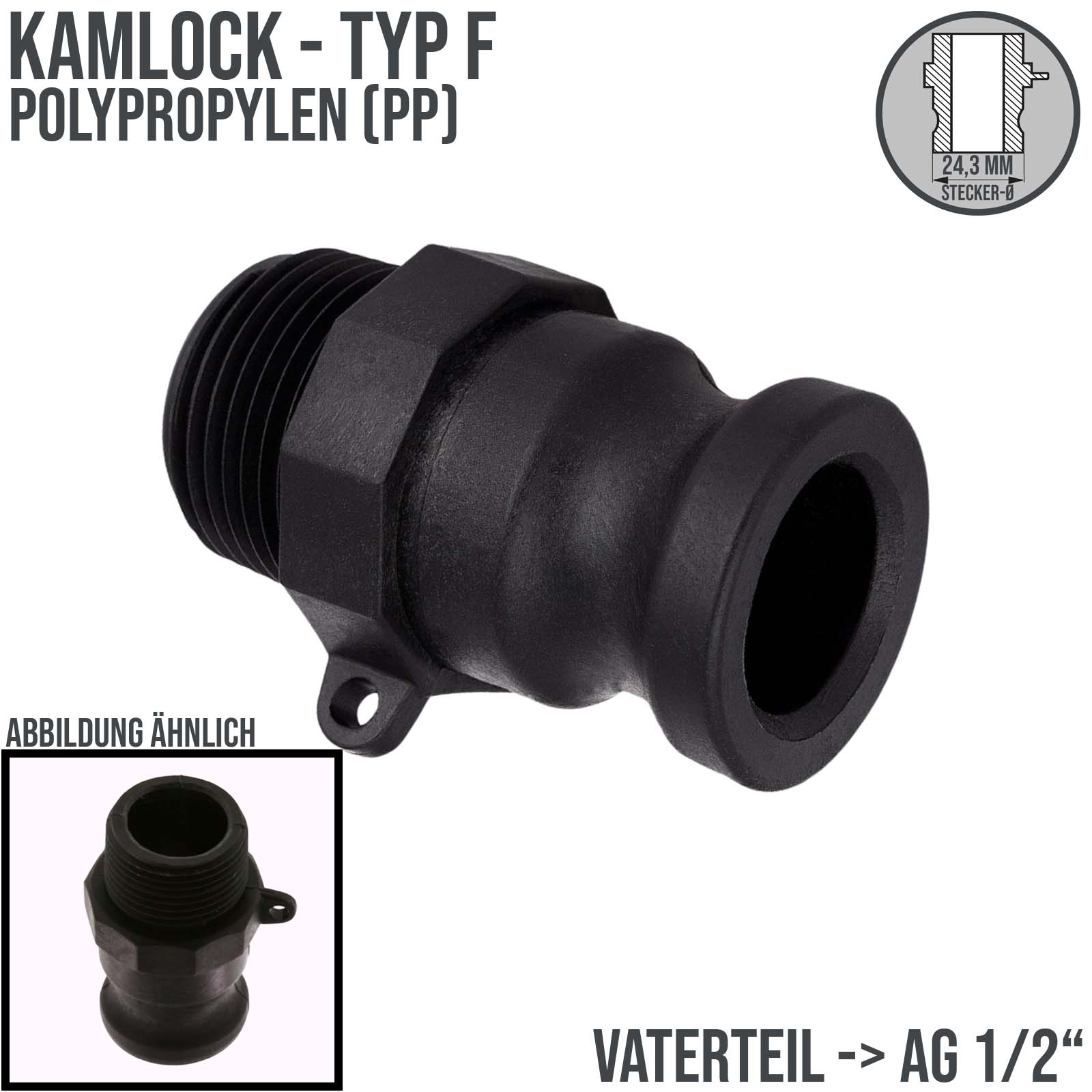 Kamlock Typ F (PP) Vaterteil - 24,3 mm Stecker mit Außengewinde (AG) 1/2" Zoll DN 15 - PN 8,5 bar
