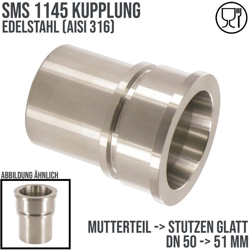 DN 50 SMS Kupplung 1145 Mutterteil MT Außengewinde Sicherungsbund - Stutzen glatt 50 mm - PN 25 bar