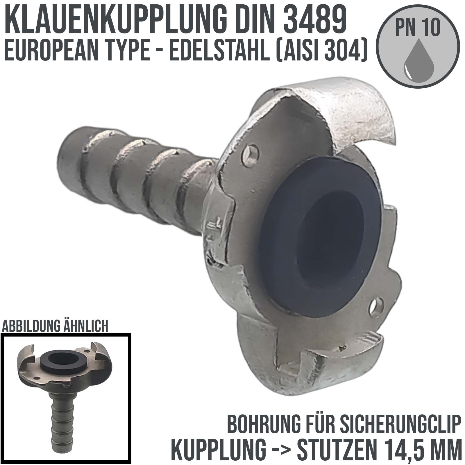 1/2" Klauen Kupplung Edelstahl AISI 304 European Type Abstand 42 mm Bohrung Schlauch Stutzen Tülle 14,5 mm - PN 10 bar
