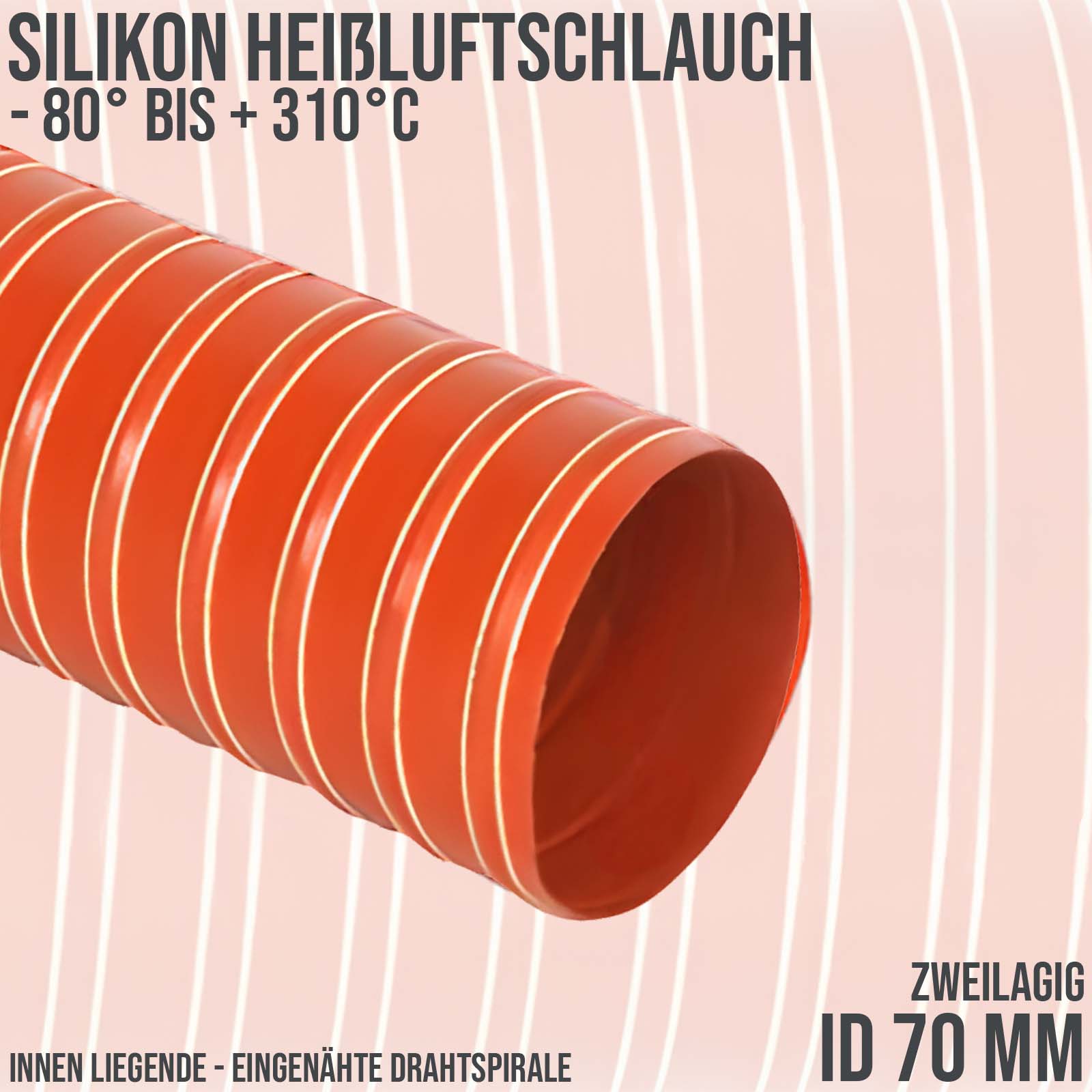 70 mm Silikon Heißluftschlauch rot - zweilagig - Wandstärke 0,46 mm - PN 2.2 bar