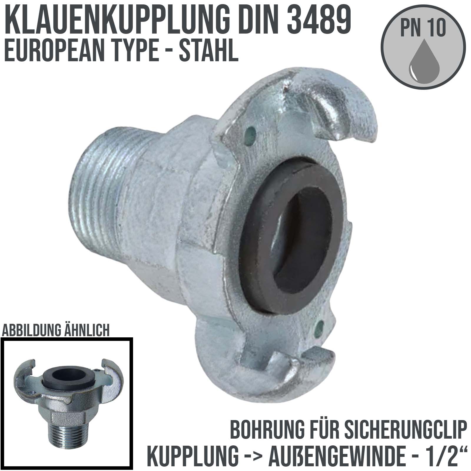 1/2" Klauen Kupplung Stahl European Type Abstand 42 mm Bohrung Außengewinde AG - PN 10 bar