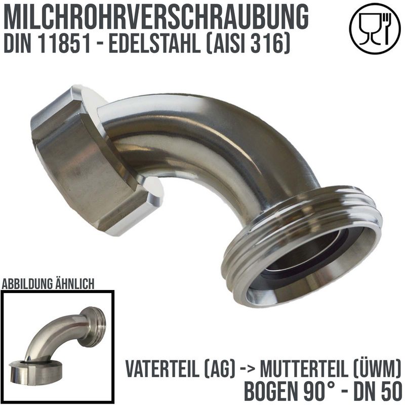 DN 50 Milchrohr Verschraubung DIN 11851 Mutterteil Vaterteil Kegel Stutzen 90° Bogen Innen x Außengewinde - PN 25 bar