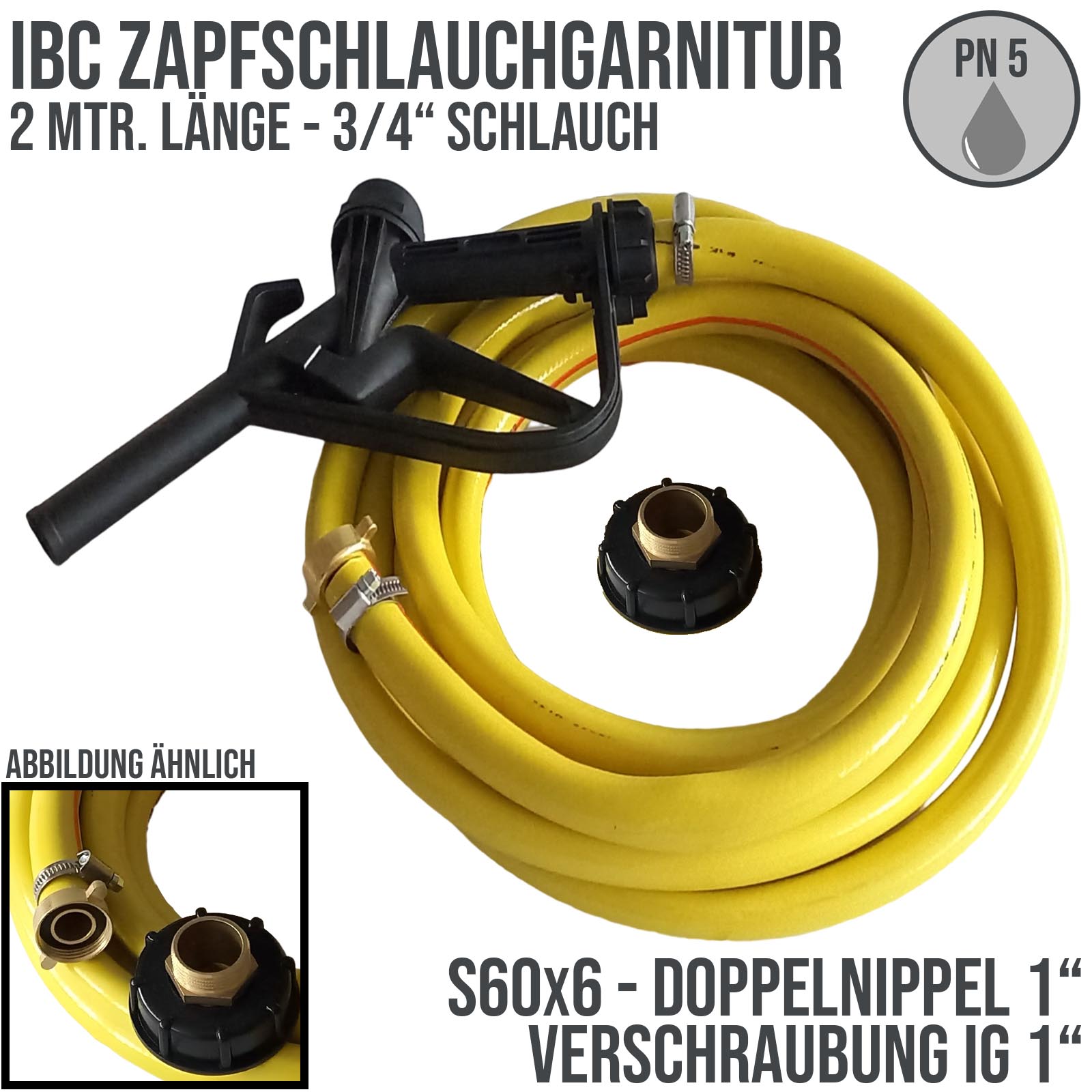 S60x6 IBC Zapf Schlauch Garnitur mit Doppelnippel Anschluss - 2 m (PP Pistole schwarz) - PN 5 bar