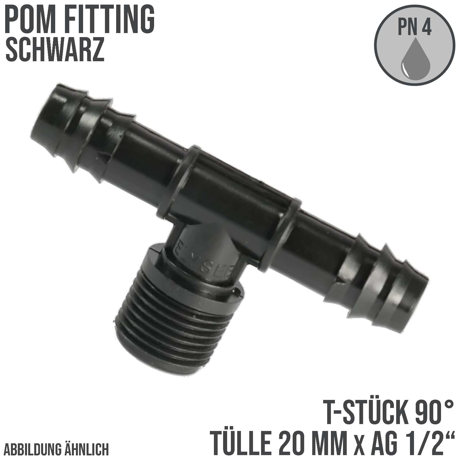 20 mm x 1/2" POM T-Stück 90° Schlauch Verbinder Stutzen Tülle Außen Gewinde AG Tropf Fitting schwarz PN 4 bar